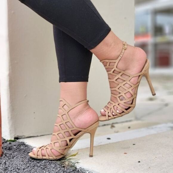 Women's Slingback Stiletto Sandal Peep Toe Hollow Beige Color - Picture 2 of 4